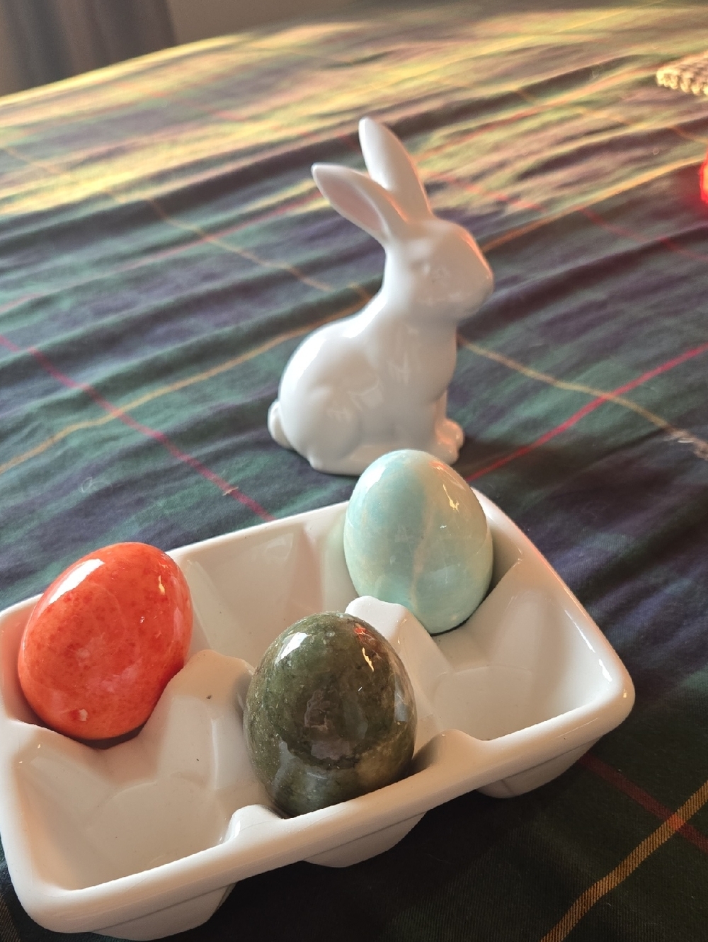 3 Marble Eggs, Ceramic Egg Carton And Ceramic White Rabbit